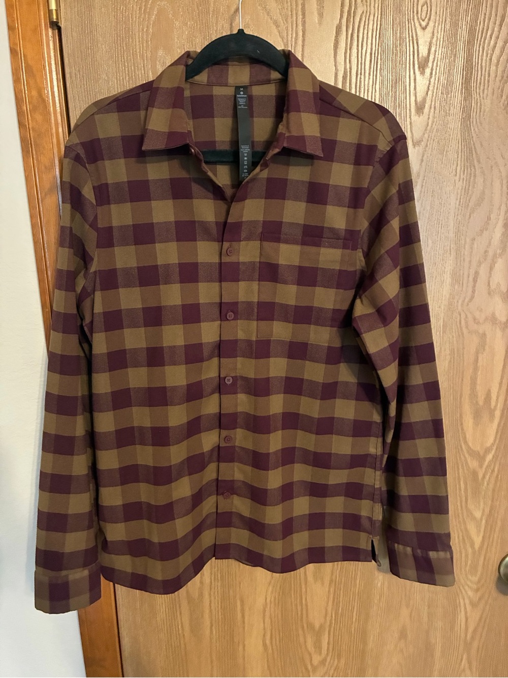 LuluLemon Plaid Long-Sleeve Button-Up Shirt in Maroon and Olive
